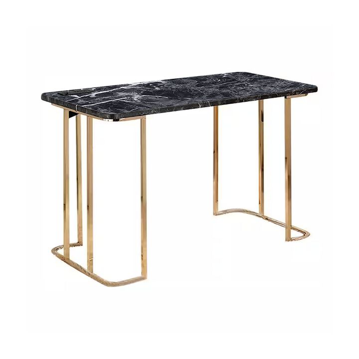 Jenny 47 Inch Desk, USB Power Outlet, Gold Metal Legs, Black Faux Marble - Benzara