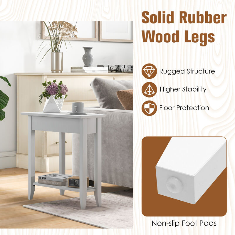 2-Tier Wedge Narrow End Table with Storage Shelf and Solid Wood Legs
