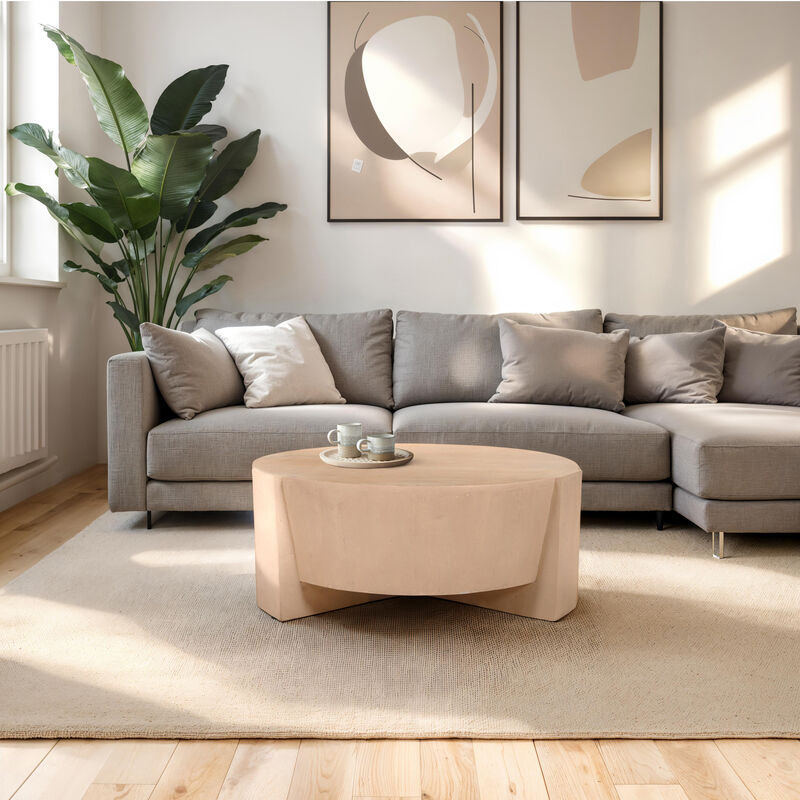 Joana Coffee Table, 35 Inch Round Drum Shape with 3 Legs, Sandblasted Natural Brown Mango Wood