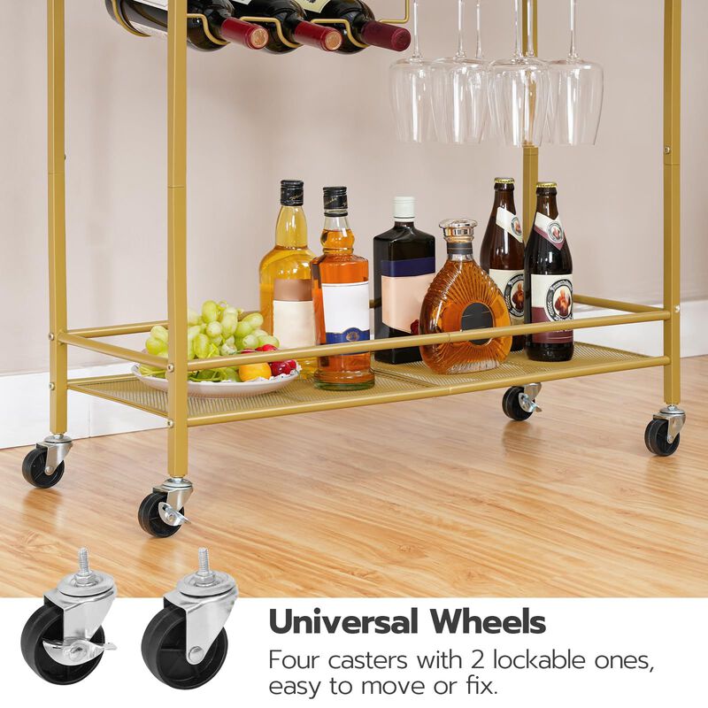 Bar Cart on Wheels with Wine Rack, Glass Holder, and Guardrail for Drinks-Gold image number 6