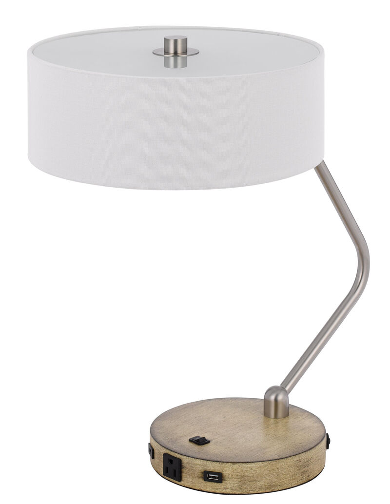 Hivvago 20" Brown Metal Two Light Lantern Desk USB Table Lamp With White Drum Shade