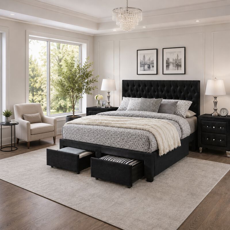 King Bedroom Set, Black Wood, 3 Piece Set with 2 Nightstands image number 8