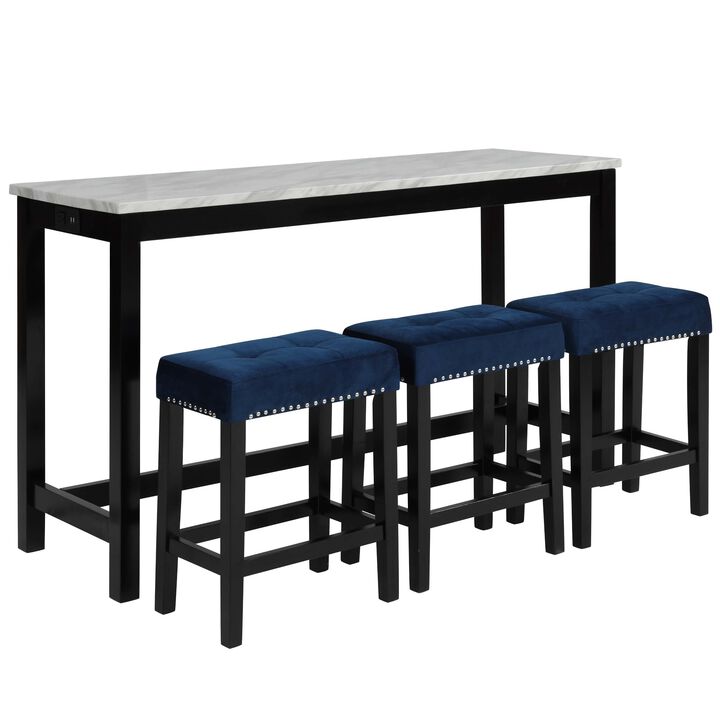Kate 60 Inch 4 Piece Bar Table Set with Upholstered Stools, Blue - Benzara