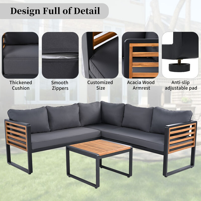 Whisen 4-Piece Metal & Wood Patio Set: L-Shaped Sectional with Cushions & Table