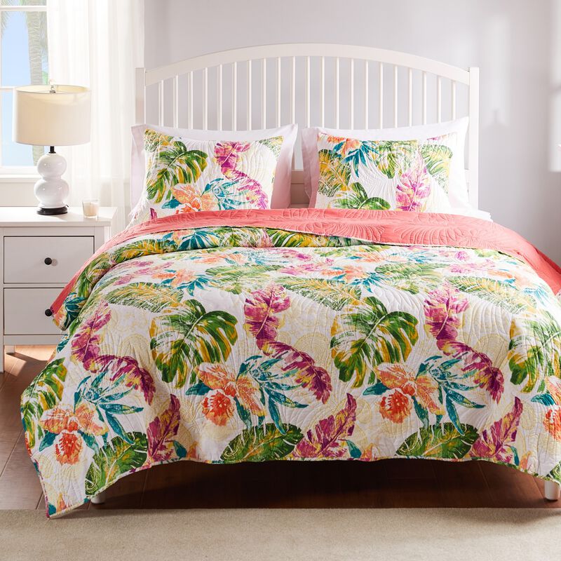 Greenland Home Fashions Tropics Quilt and Pillow Sham Set - Twin 68x88", Coral