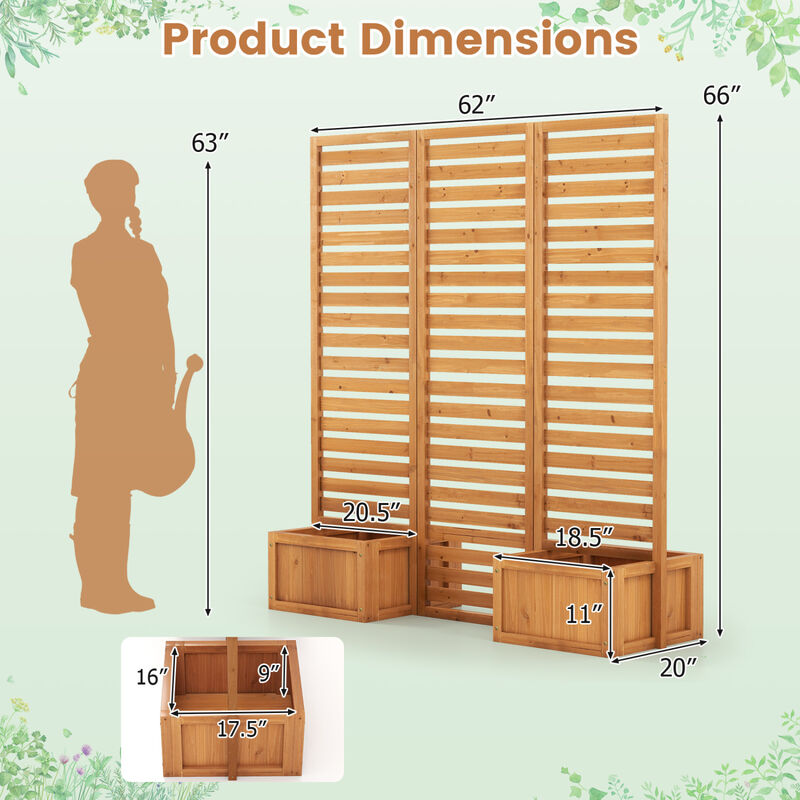 Solid Wood 3-Panel Garden Fence with 2 Planter Boxes for Outdoor Use image number 2