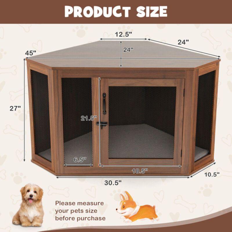 Corner Dog Kennel with Mesh Door and Cushion
