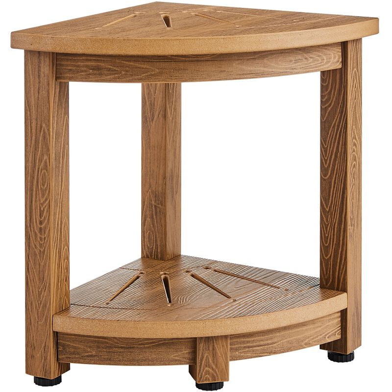 Corner Shower Stool with Storage Shelf, Faux Wood Grain Water Resistant Bench-Brown image number 0