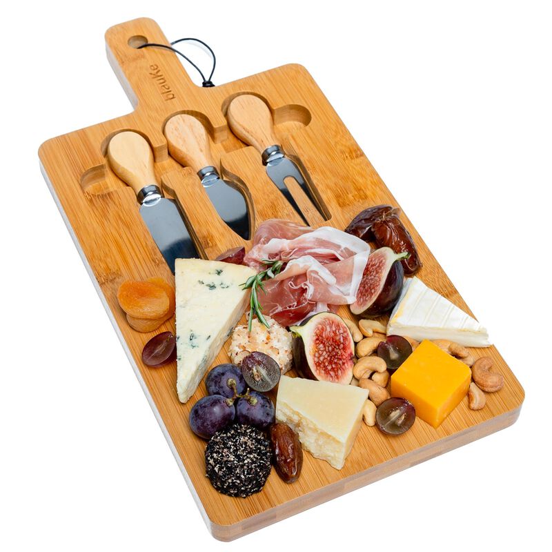 Bamboo Cheese Board and Knife Set - 12x8 inch Charcuterie Board with Magnetic Cutlery Storage - Wood Serving Tray with Handle image number 1