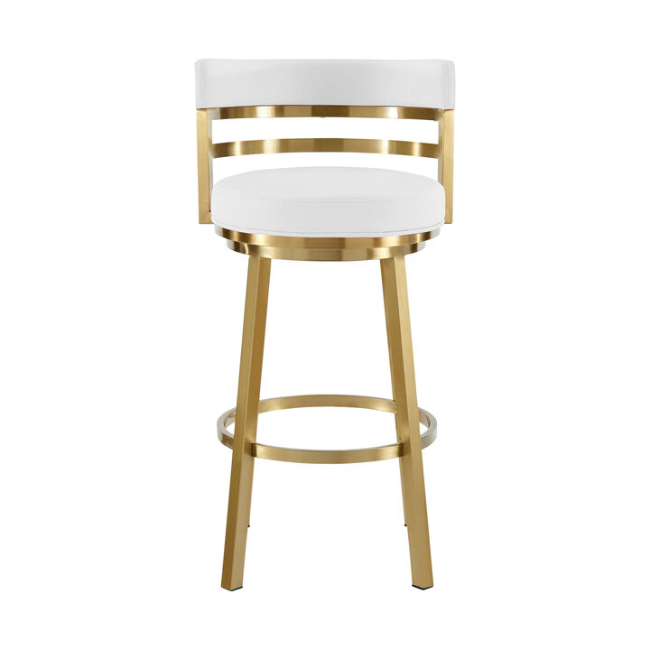 HomeRoots 26" White and Gold Faux Leather and Stainless Steel Low Back Counter Height Swivel Bar Chair