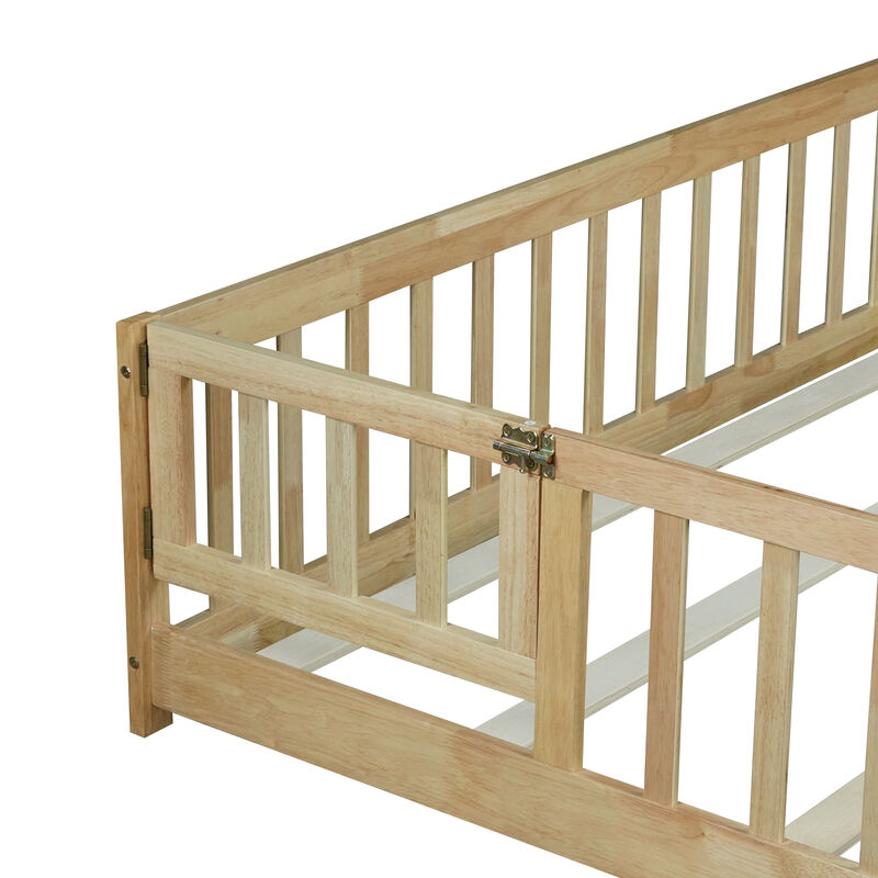 Whisen Queen Floor Bed with Safety Fence & Secure Door, Rubber Wood Low-Profile Platform Bed for Children image number 7