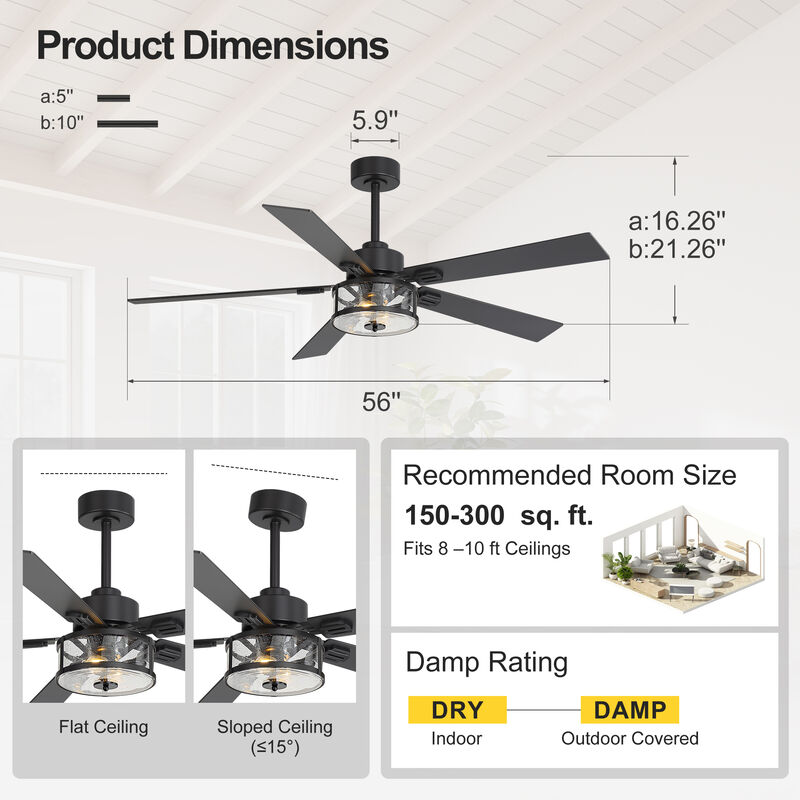 Breezary 56" Ceiling Fan with Lights, 5 Wood Blades, 6 Speed Remote Control, E12 Light Kit image number 2