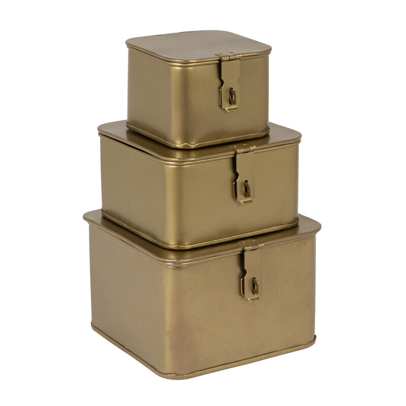 Square Decorative Metal Boxes with Lid, Gold, Set of 3 image number 0