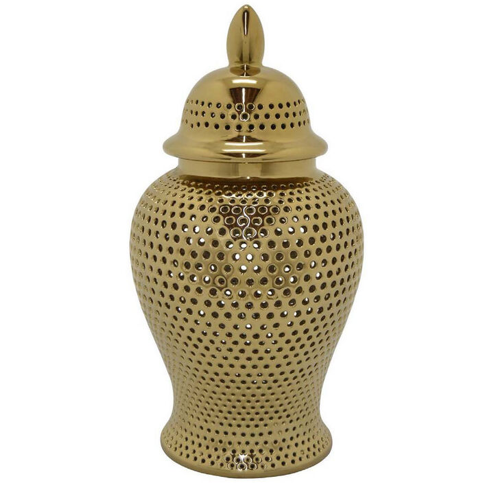 Deni 25 Inch Temple Jar, Large Carved Cut Out Lattice, Lid, Gold Porcelain - Benzara