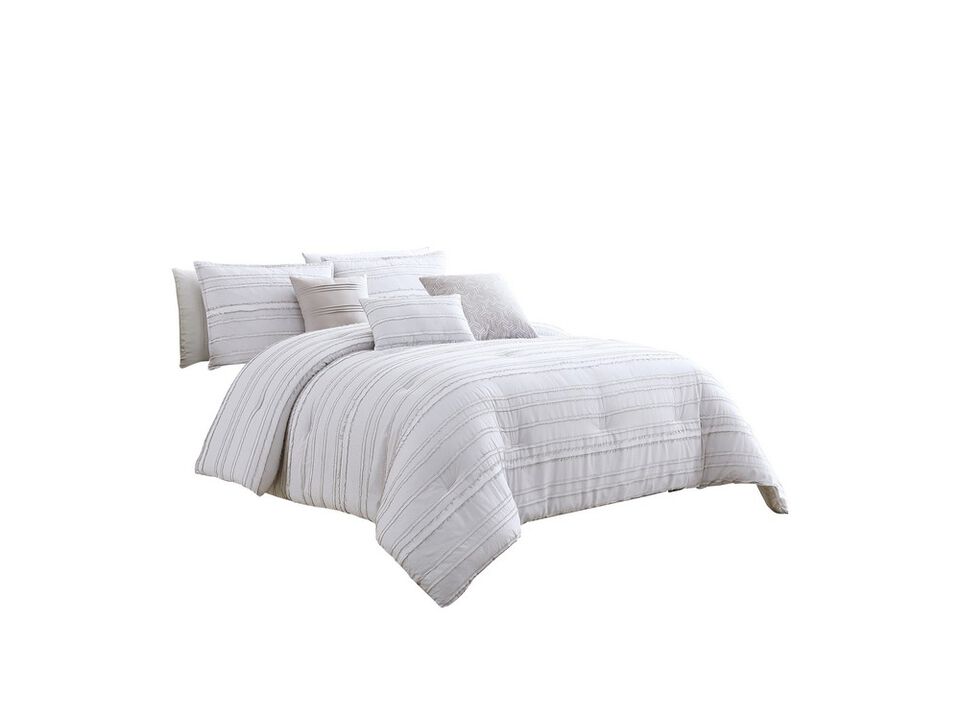 6 Piece Queen Cotton Comforter Set with Frayed Edges, White and Gray - Benzara