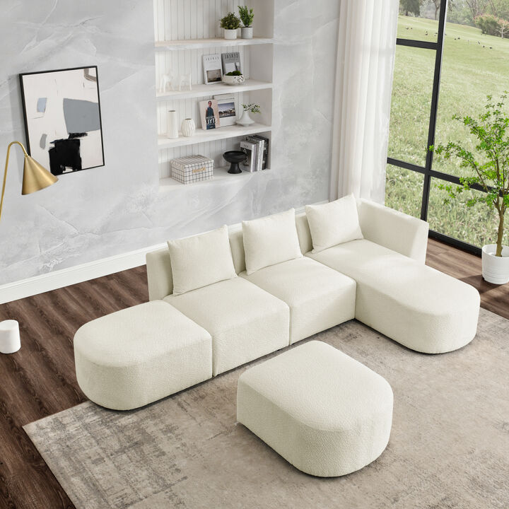 L Shaped Sectional Sofa with Right Side Chaise and Ottoman, Modular Sofa, DIY Combination, Loop Yarn Fabric, Beige