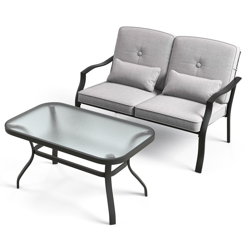Outdoor Loveseat Chair Set with Tempered Glass Coffee Table