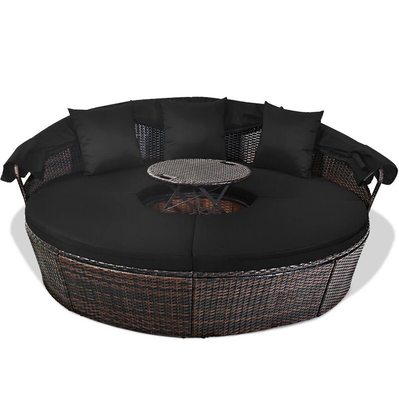 Mondawe Patio Round Rattan Daybed with Retractable Canopy and Height Adjustable Coffee Table
