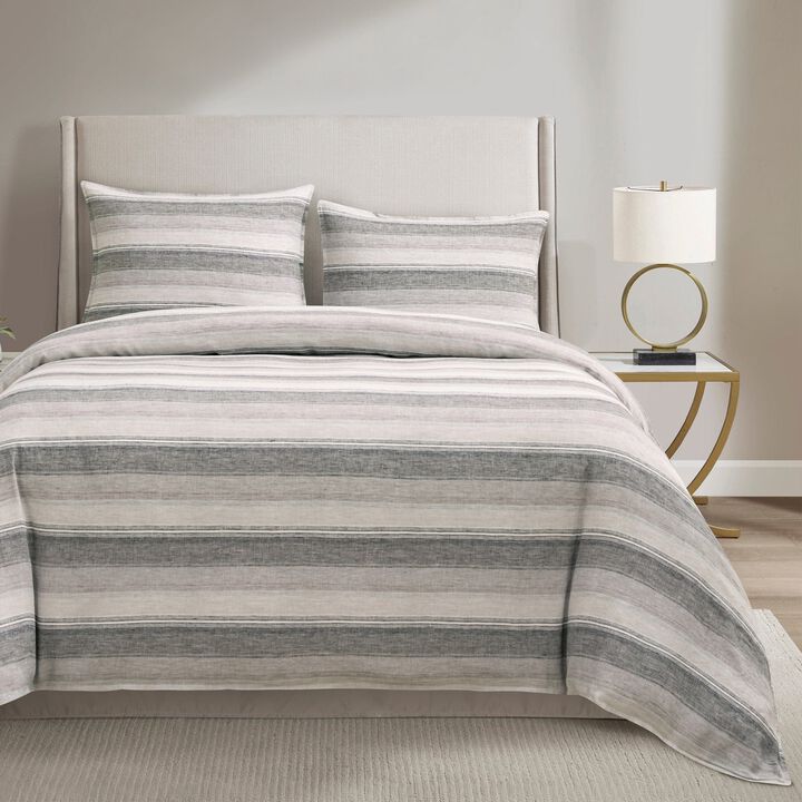 French Flax Linen King Variegated Stripe Duvet Cover Set in Charcoal