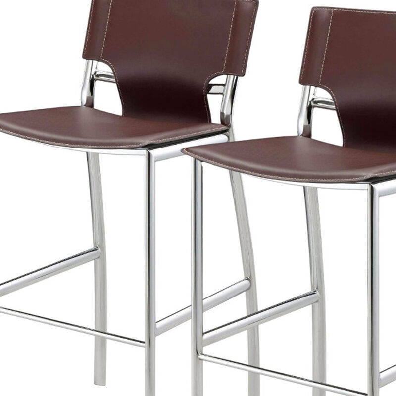 HomeRoots Set of Two 29" Brown and Silver Metal and Faux Leather Low Back Bar Height Bar Chairs image number 3