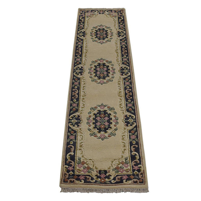 Rugsotic Carpets Hand Knotted Aras Wool 2'6''x10' Runner Area Rug Oriental Ivory Blue AR0101