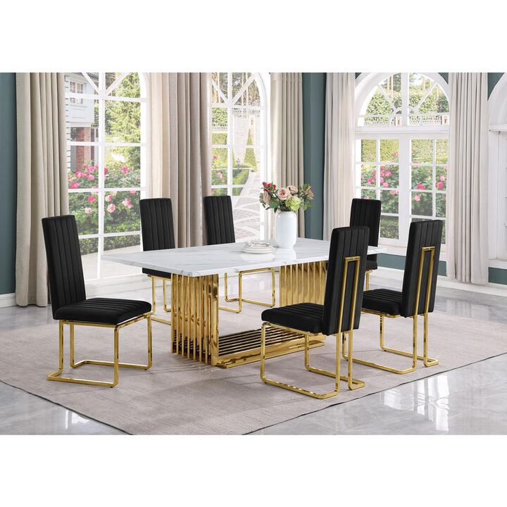 Best Quality Furniture 7pc Large(79) marble top dining set with gold base and 6 Black side chairs