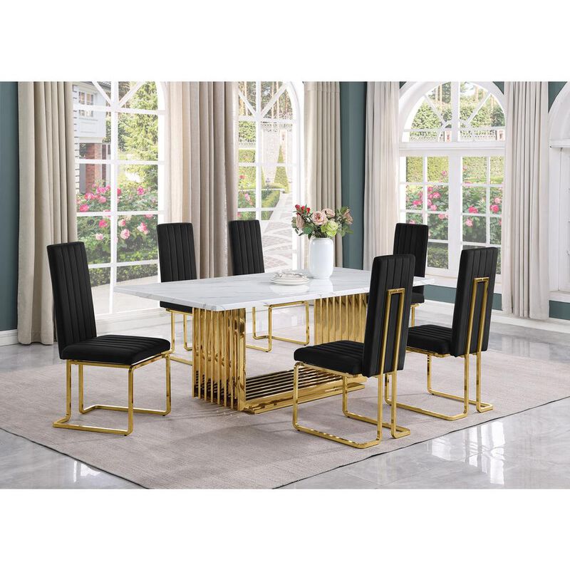 Best Quality Furniture 7pc Large(79) marble top dining set with gold base and 6 Black side chairs