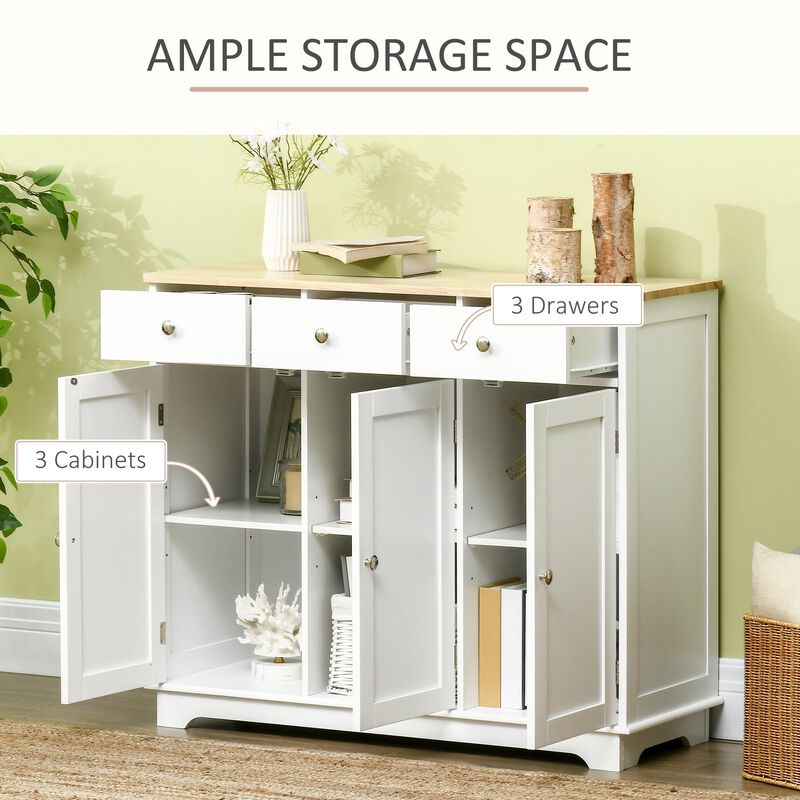 White Kitchen Buffet: 3-Door Sideboard with Drawers and Shelf
