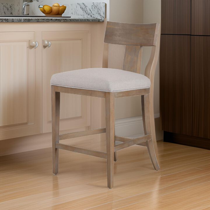 Cid Sten 27 Inch Counter Height Chair, T Shape Back, Beige Linen, Brown - Benzara