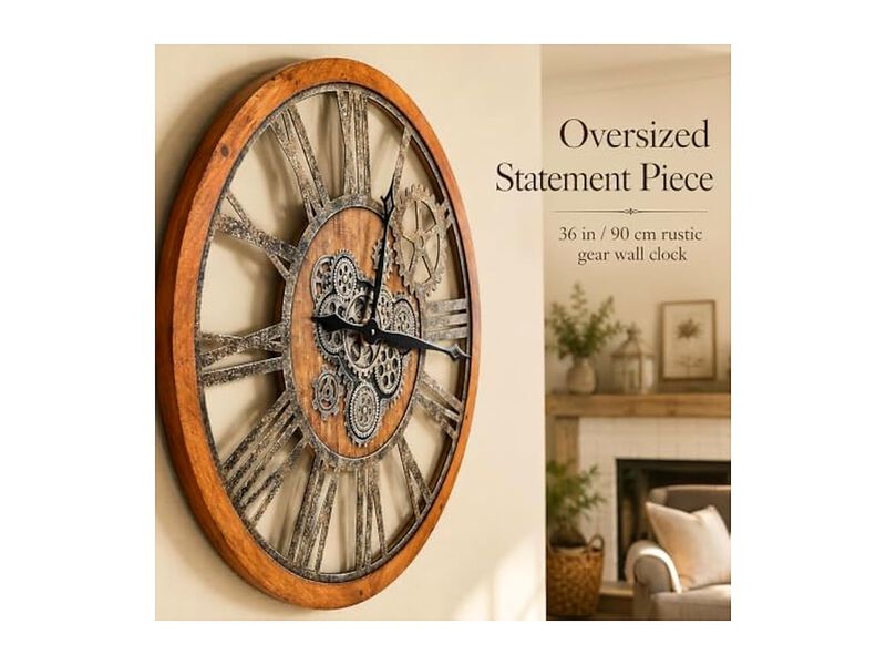 Style Moving Gear Vintage Farmhouse Rustic Wall Clock 36 Inch Wood image number 3
