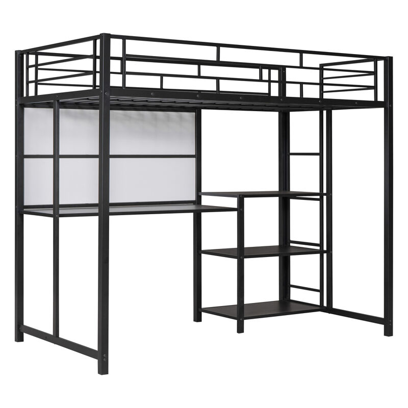 Twin Size Loft Bed with Desk and Whiteboard, Metal Loft Bed with 3 Shelves and Ladder, Black
