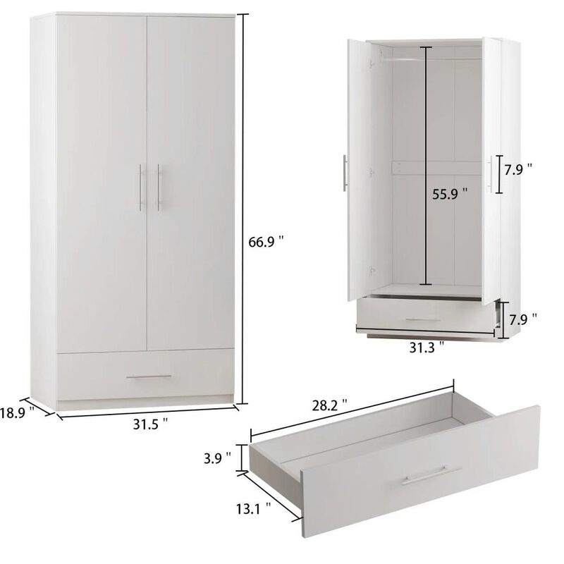 Hivvago Modern Armoire Wardrobe Closet Cabinet with Storage Drawer in White Wood Finish