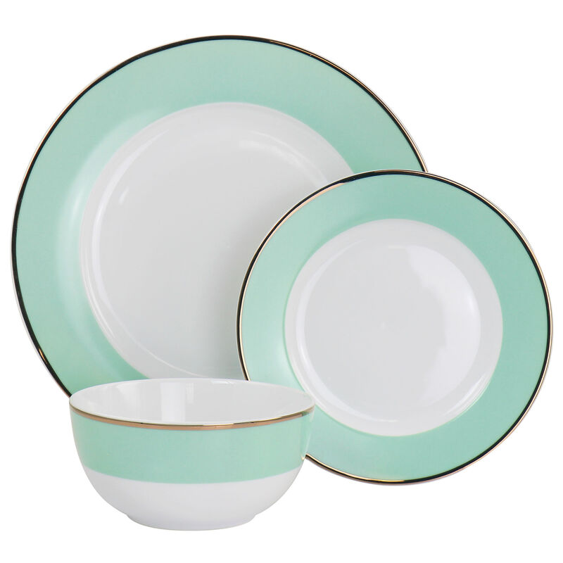 Martha Stewart Gold Rimmed 12 Piece Fine Ceramic Dinnerware Set in Mint image number 2