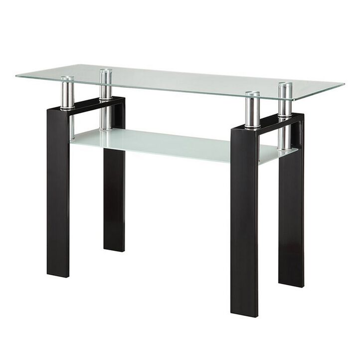 48 Inch Modern Sofa Console Table, Frosted Glass Shelf, Chrome, Black-Benzara