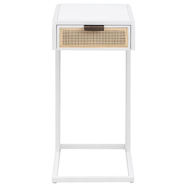Lanie Side C Table, 1 Drawer, Sleek White Metal Frame, Faux Rattan