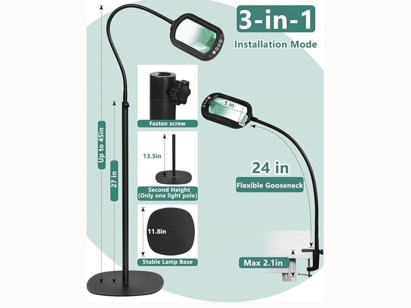10X Magnifying Floor Lamp – LED Lighted, 24" Gooseneck, 5 Modes, Hands-Free