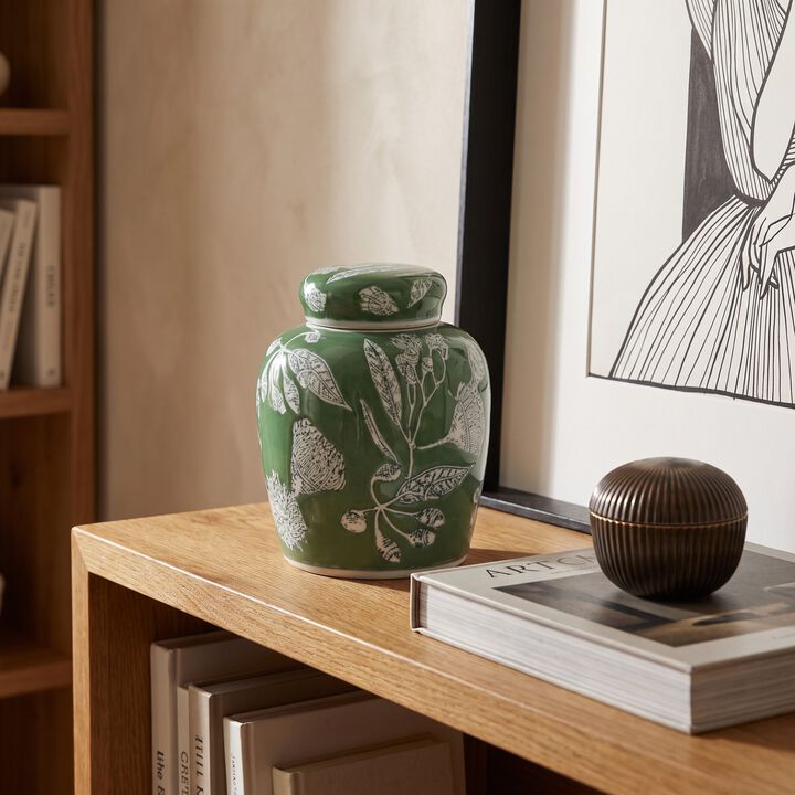 Decorative Ceramic Ginger Jar with Lid, Green