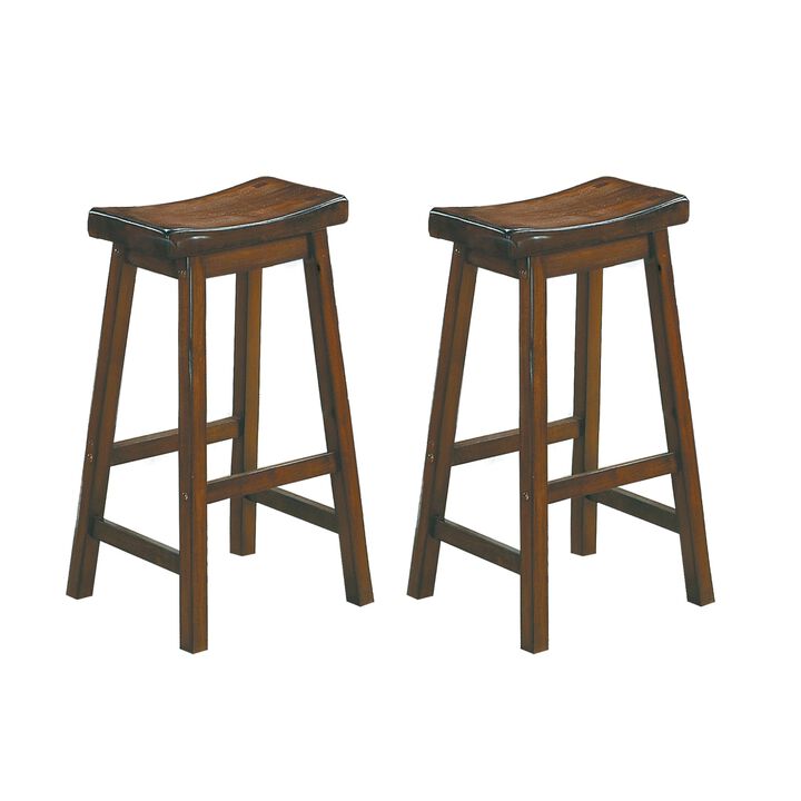 29-inch Bar Height Stools 2pc Set Saddle Seat Solid Wood Cherry Finish Casual Dining Furniture