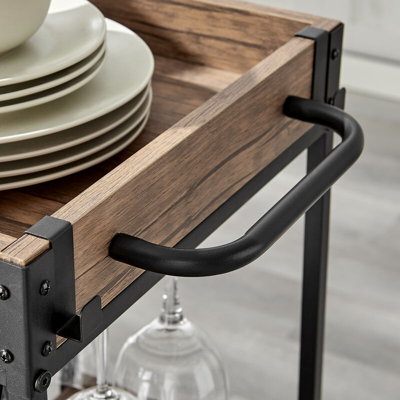 Rustic Walnut Veneer and Metal Rolling Farmhouse Wine Bar Cart with Wine Bottle and Glass Rack