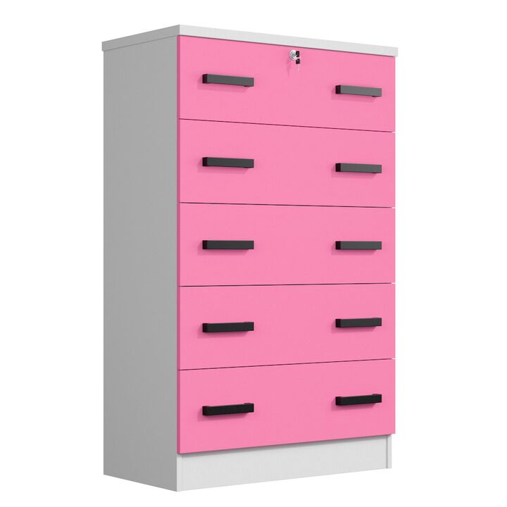 Cindy 5 Drawer Chest Wooden Dresser with Lock (White and Pink)
