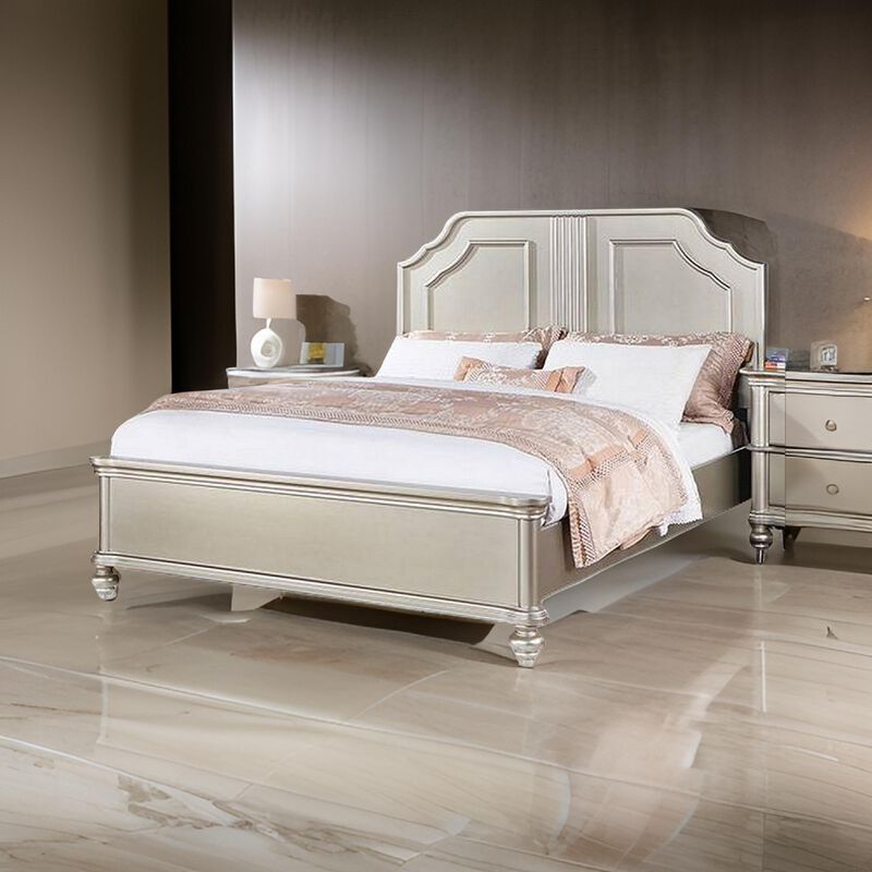 Opp Platform California King Bed with Panel Headboard, Champagne Silver - Benzara