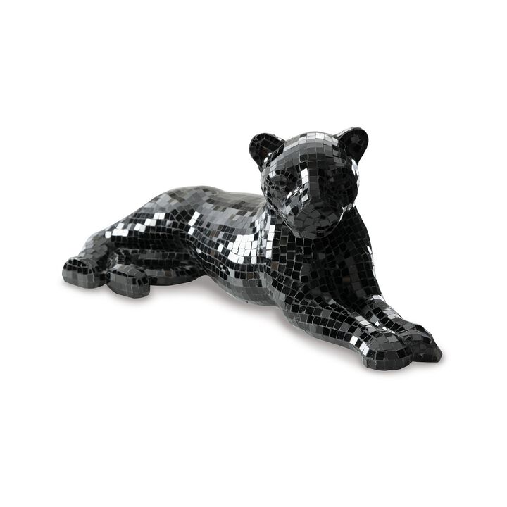 24 Inch Decorative Panther Sculpture, Mosaic Glass, Handcrafted, Black-Benzara