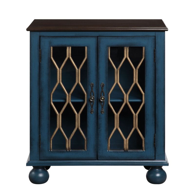 Console Table with Trellis Pattern Door and 1 Shelf, Antique Blue-Benzara