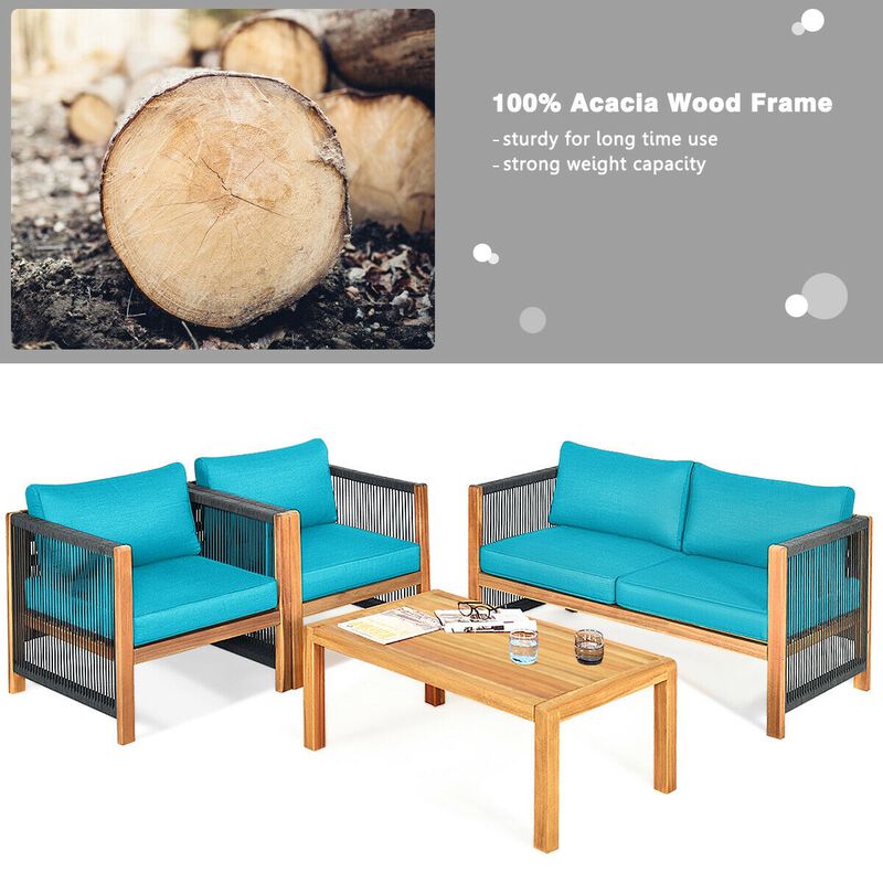 4 Pieces Acacia Wood Outdoor Patio Furniture Set with Cushions
