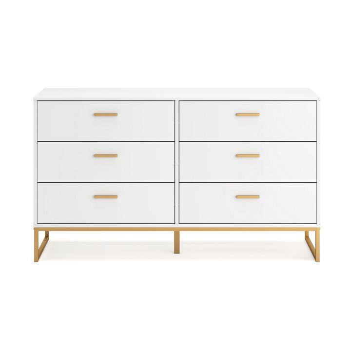 Alli Wide Dresser, 6 Drawers, Matte White Wood, Gold Metal, 59 Inch - Benzara