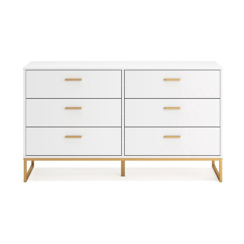 Alli Wide Dresser, 6 Drawers, Matte White Wood, Gold Metal, 59 Inch - Benzara