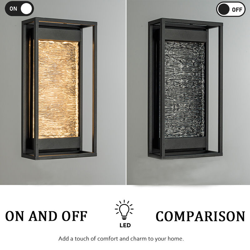 H15" Modern Outdoor Integrated LED Wall Light with Dusk to Dawn Sensor Matte Black Exterior Light Fixture with Handcrafted Textured Glass Wall Lantern for Porch Garage Entryway image number 4