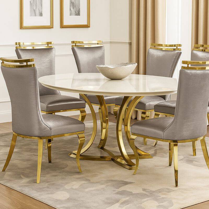 Pedy Dining Side Chair Set of 2, Gray Faux Leather, Gold Saber Legs image number 1