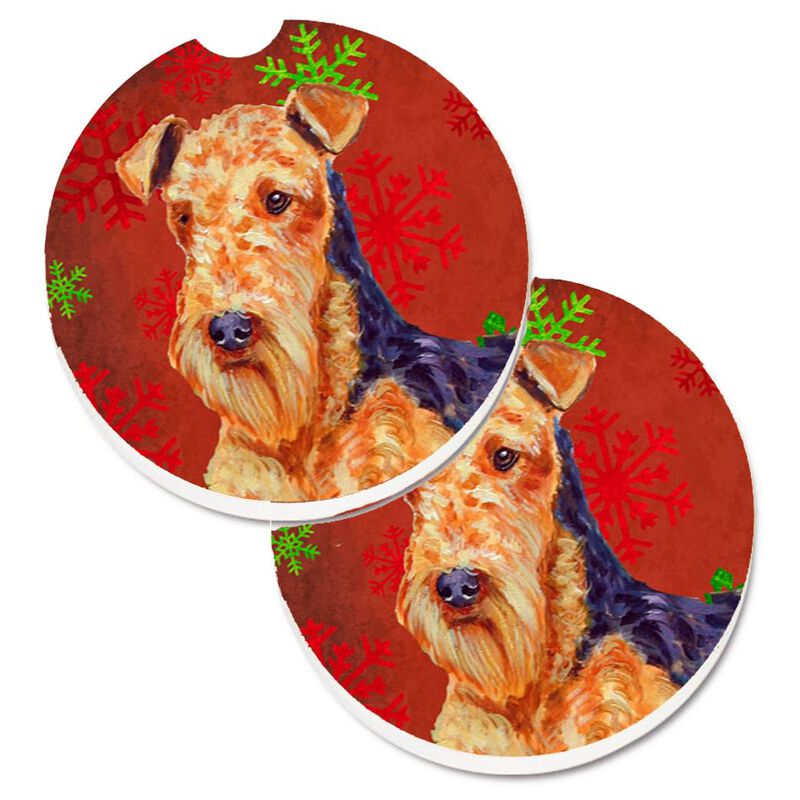 Caroline's Treasures Airedale Red & green Snowflakes Holiday Christmas Set of 2 Cup Holder Car Coasters LH9336CARC, 2.56, Multicolor image number 0