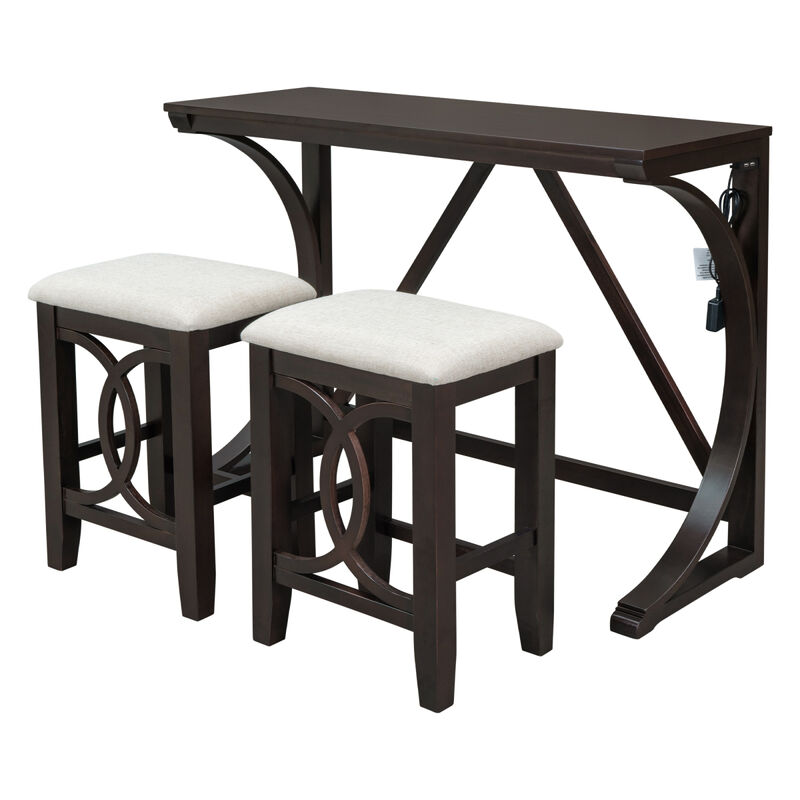 Farmhouse 3-Piece Counter Height Dining Table Set with USB Port and Upholstered Stools, Espresso